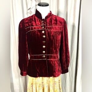 Cynthia Steffe Crushed Velvet Burgundy Jacket with Gold accents size 8